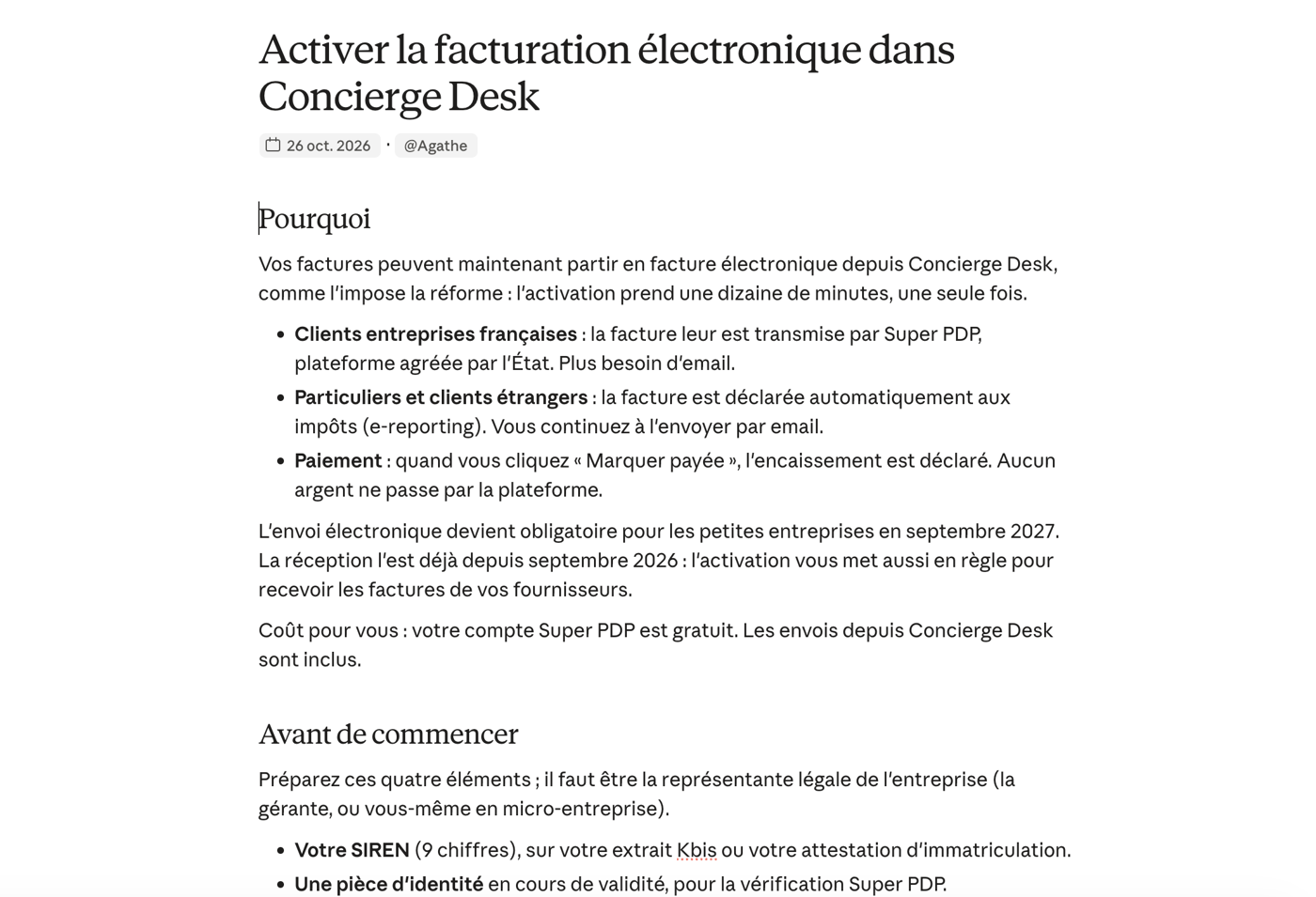 In-app guide titled Activer la facturation électronique dans Concierge Desk: why, and what to prepare before starting