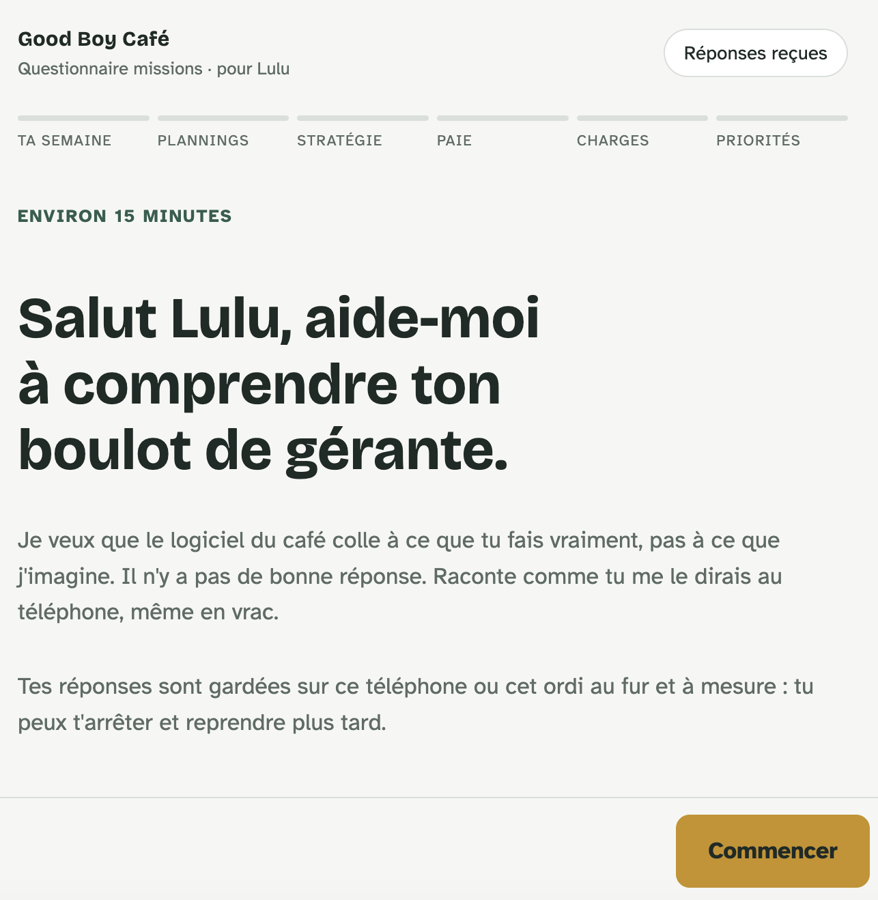 Opening screen of a questionnaire for the café manager: six sections, about 15 minutes, answers saved as you go