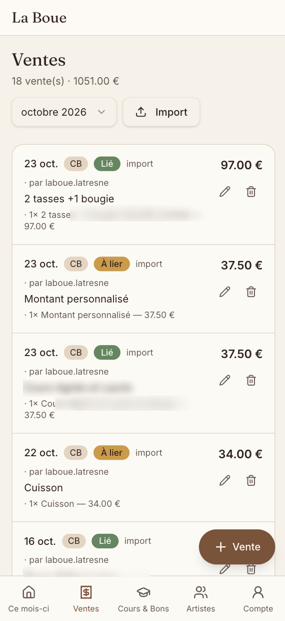 Sales imported from SumUp, each linked to an artist
